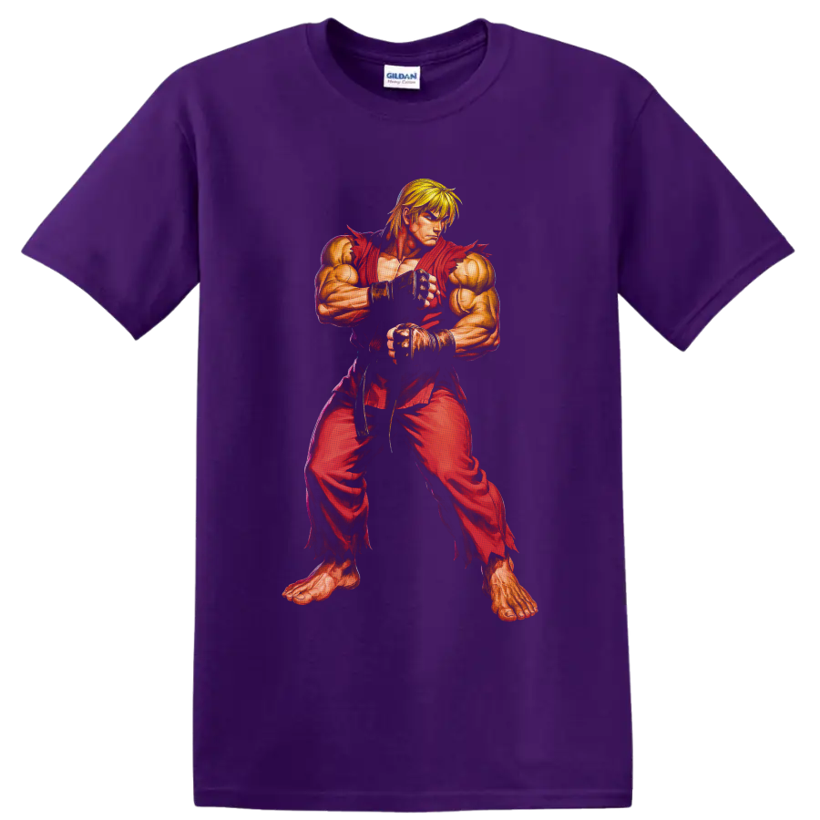 Ken Street Fighter in red gi, detailed retro arcade martial arts fighter artwork on a Purple T Shirt