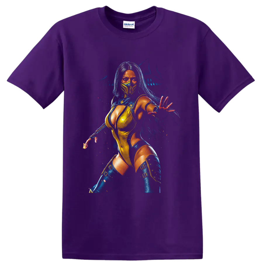 Kitana in blue and gold mask with glowing fantasy warrior portrait on a Purple T Shirt
