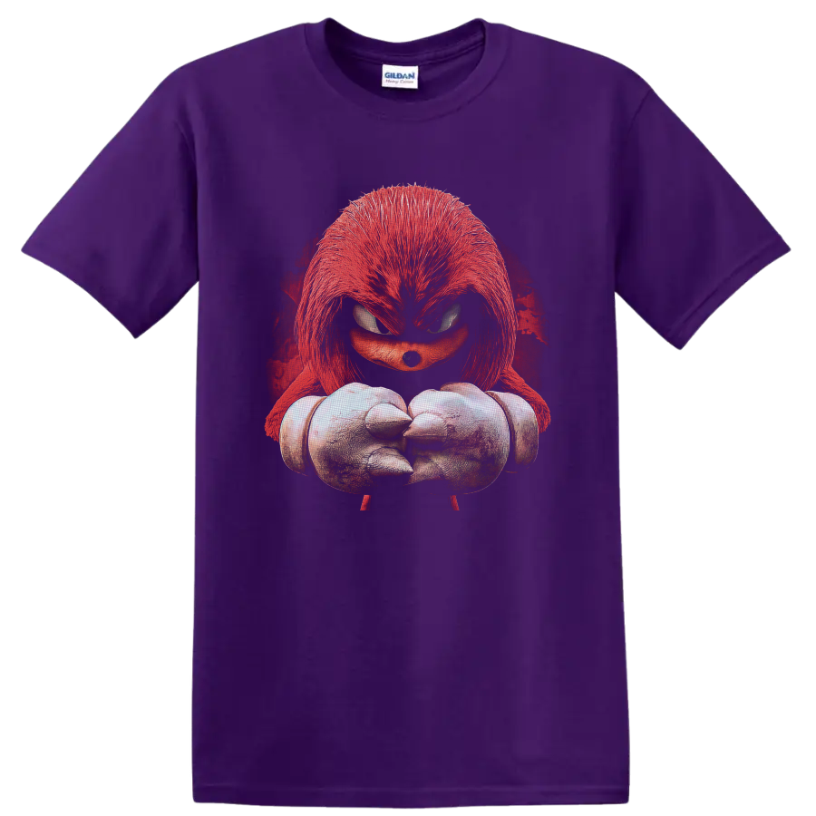 Knuckles horror portrait with red quills, spiked fists, and distressed crimson backdrop on a Purple T Shirt