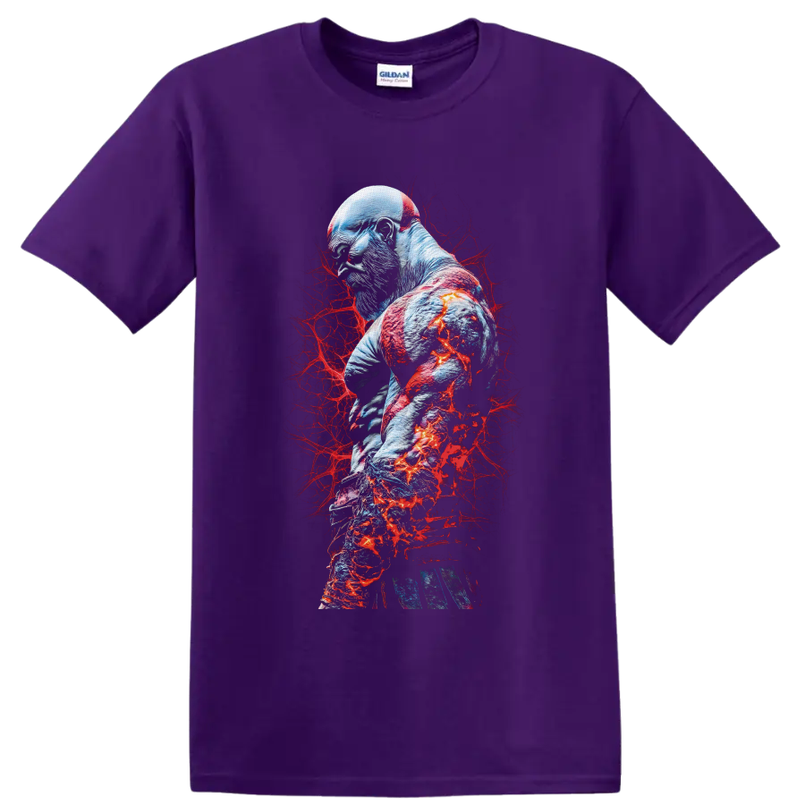 Kratos God of War warrior portrait with red markings and fiery blue-gray battle art on a Purple T Shirt