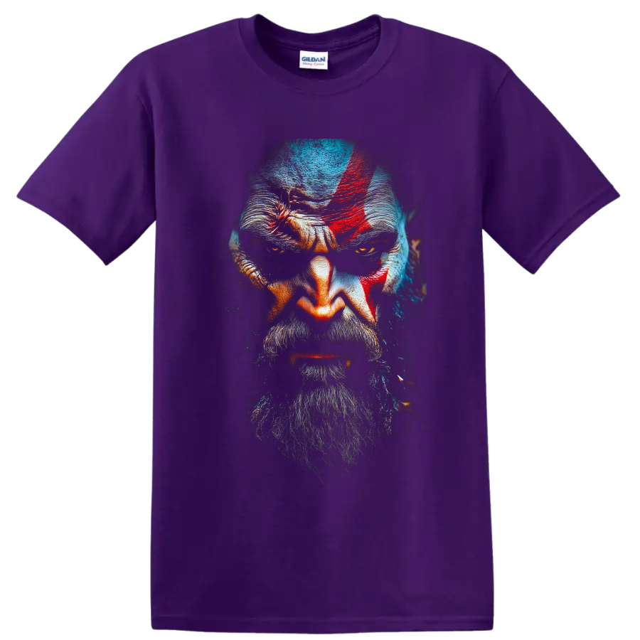 Kratos God of War close-up portrait with red mark, beard, and dark painted lighting on a Purple T Shirt
