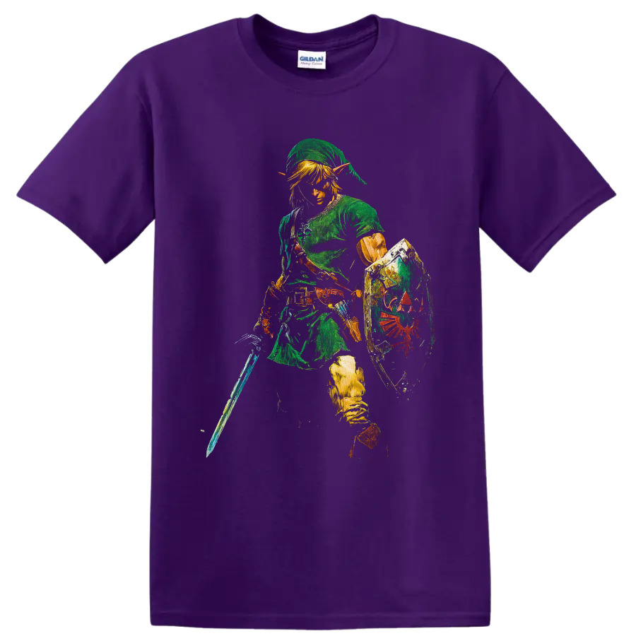 Link in green tunic with sword and crest shield, textured fantasy game art on a Purple T Shirt