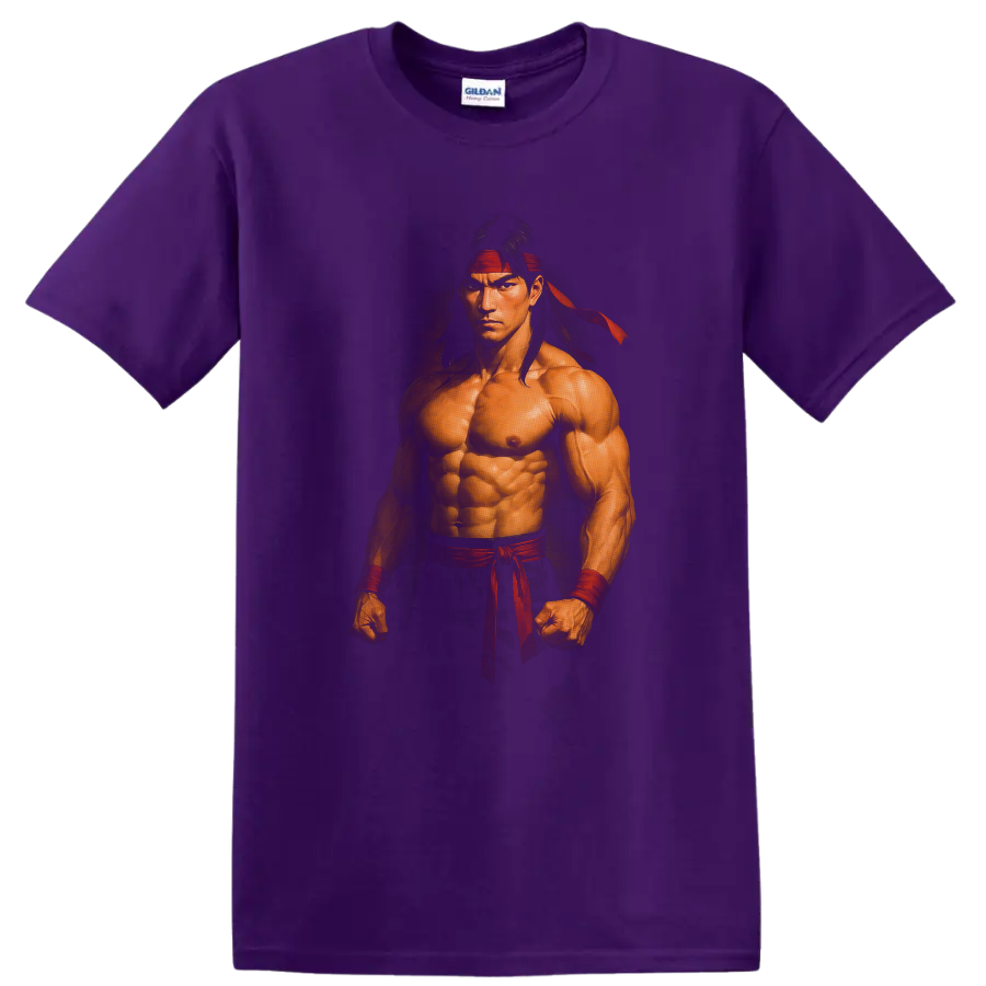 Liu Kang Mortal Kombat martial arts portrait with red headband and wrist wraps on a Purple T Shirt