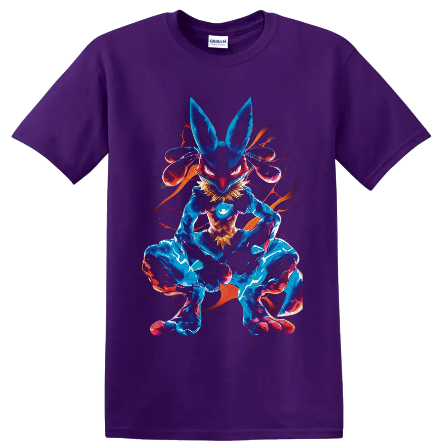 Lucario crouched in neon blue and magenta aura fighter artwork on a Purple T Shirt