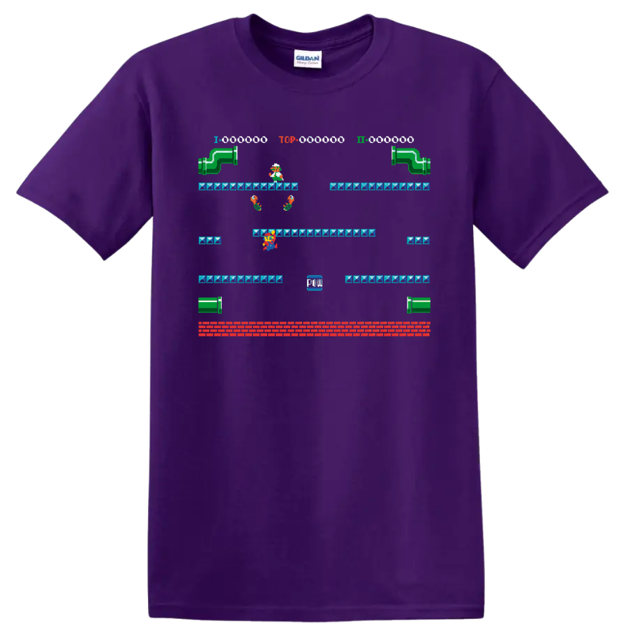 Mario Super Mario Bros. 3 pixel platform level with warp pipes and block platforms on a Purple T Shirt