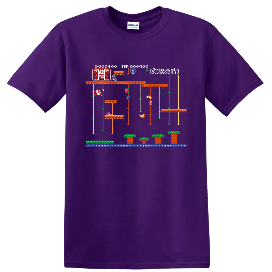 Mario Bros pixel-art platform scene with Mario, Luigi, vines, mushrooms, and water on a Purple T Shirt