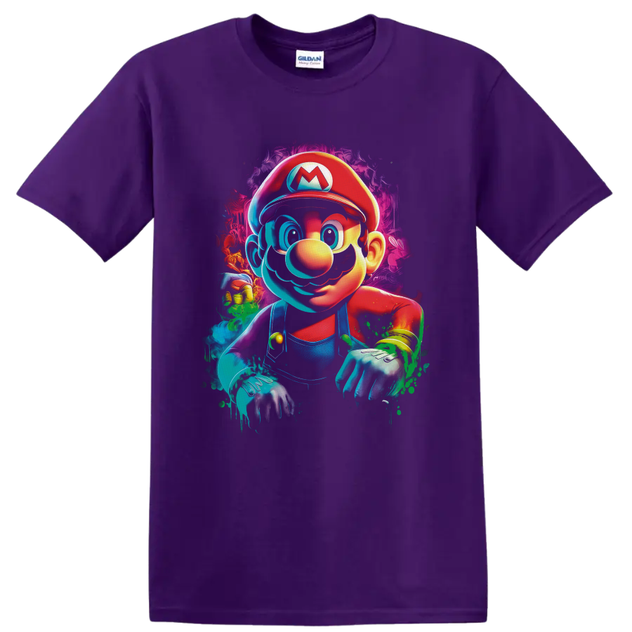 Mario Super Mario Bros neon graffiti character art with colorful paint splashes on a Purple T Shirt