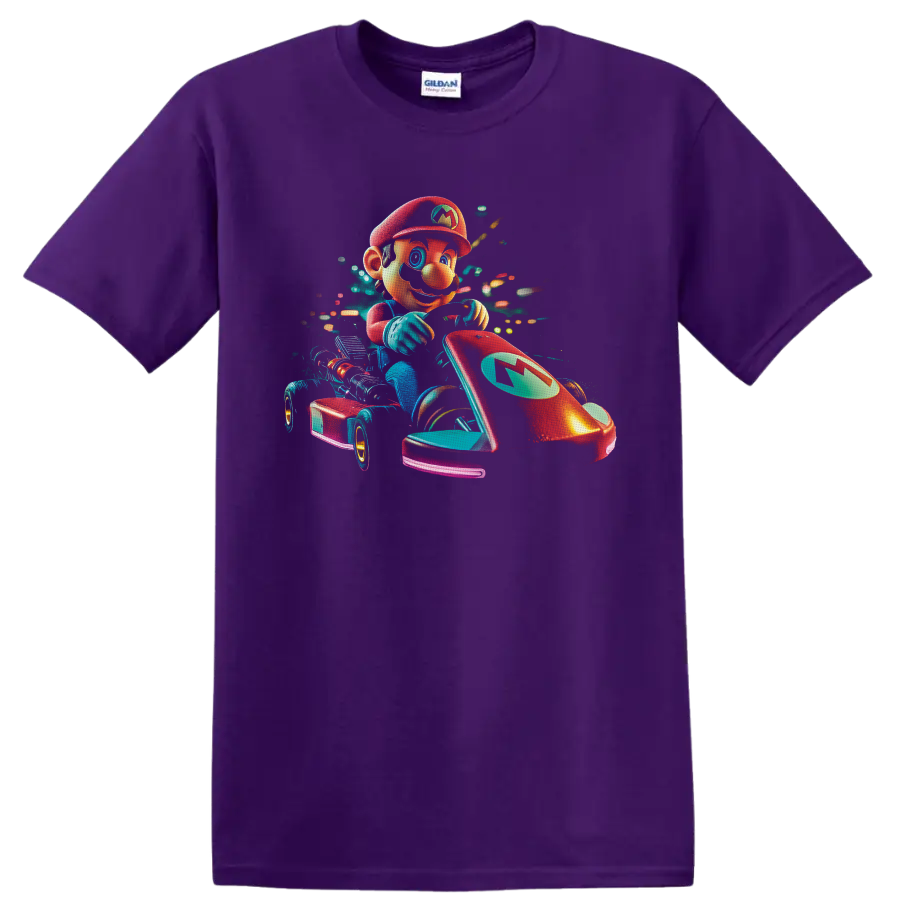 Mario racing a red go kart in vibrant neon retro arcade artwork on a Purple T Shirt