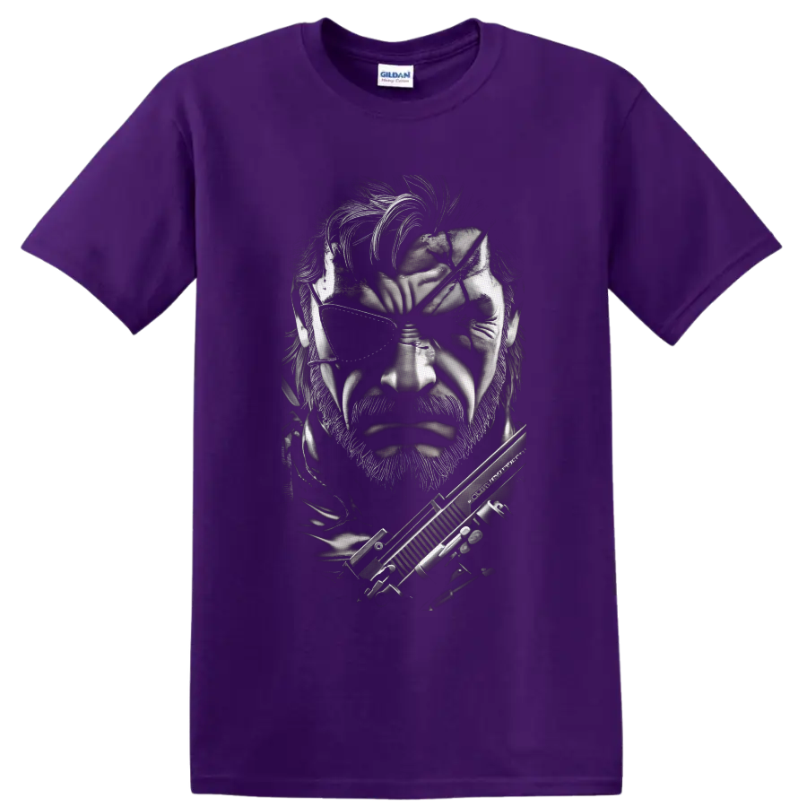 Solid Snake monochrome tactical portrait with eyepatch and rifle on a Purple T Shirt