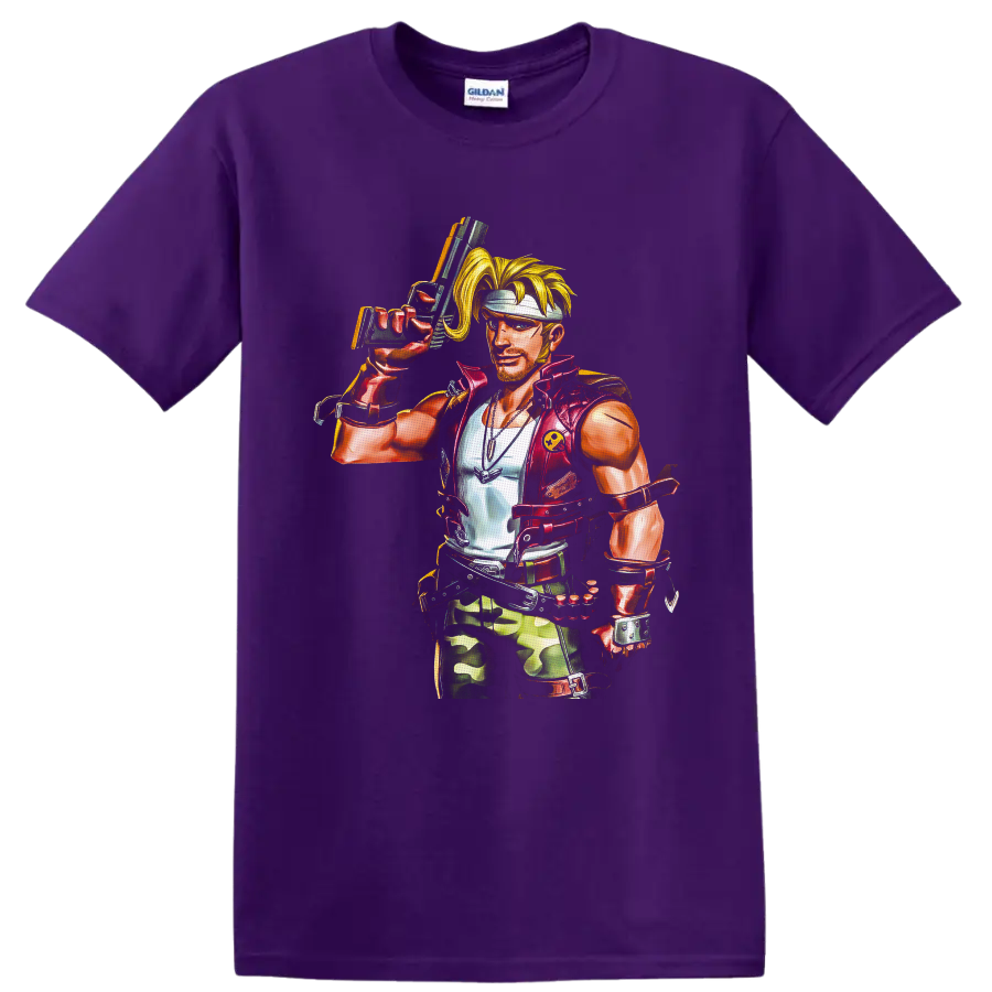 Marco Rossi retro arcade soldier illustration with headband, handgun, vest, and camo gear on a Purple T Shirt