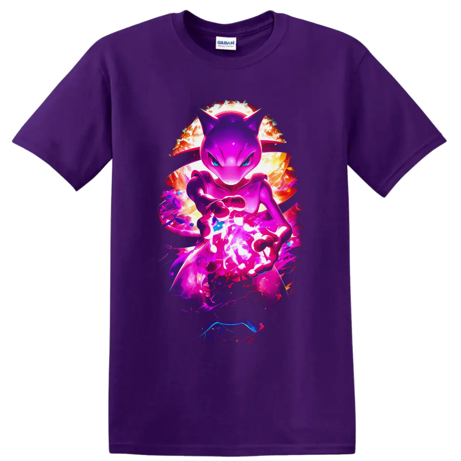 Mewtwo charging a glowing psychic energy orb in neon cosmic anime-style artwork on a Purple T Shirt
