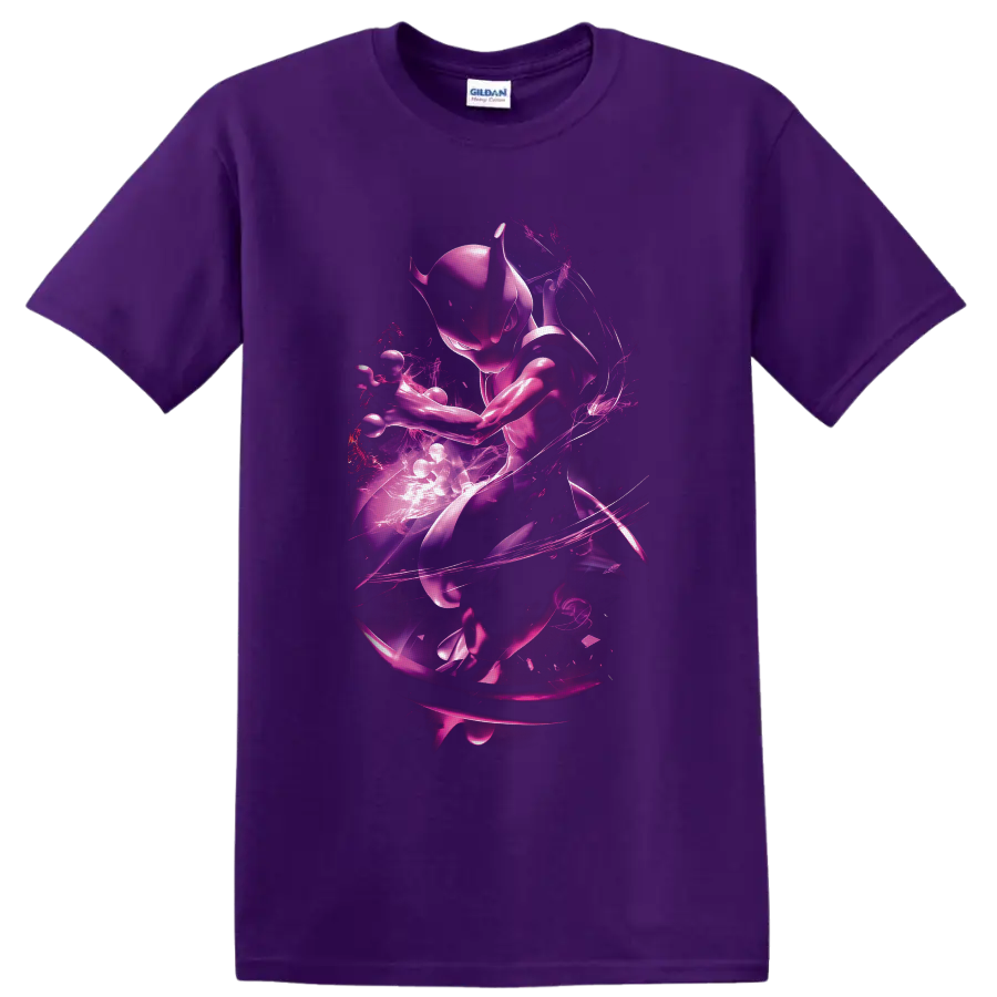 Mewtwo in a purple neon psychic energy aura with swirling light trails on a Purple T Shirt