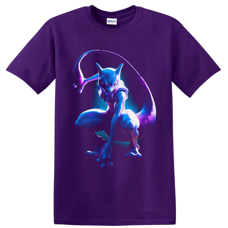 Mewtwo in neon blue and purple psychic aura character art on a Purple T Shirt