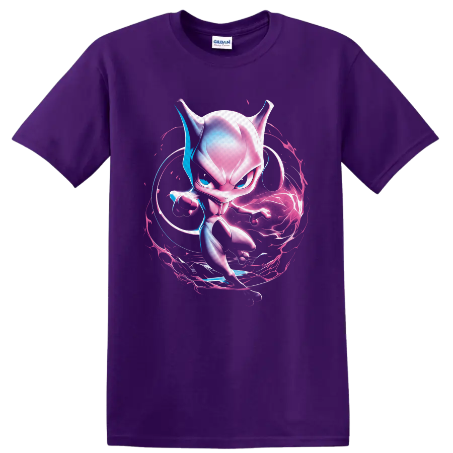 Mewtwo neon psychic energy artwork with pink, violet, and blue swirling aura on a Purple T Shirt
