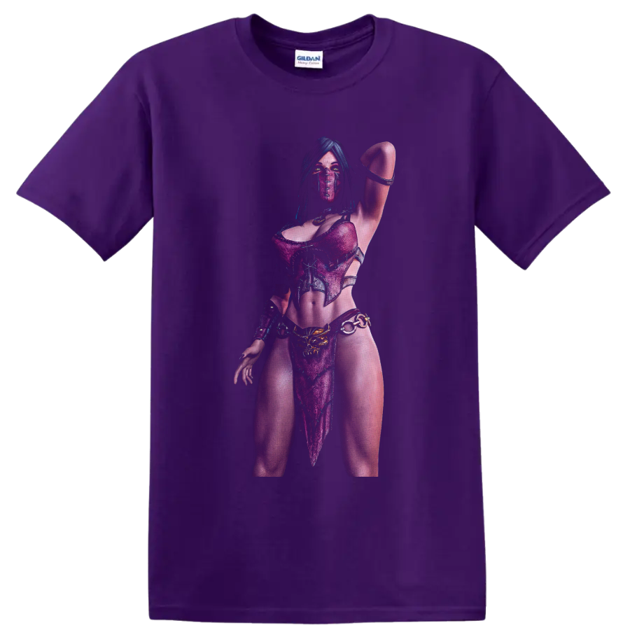 Mileena masked warrior in purple armor with glowing eyes and raised-arm pose on a Purple T Shirt