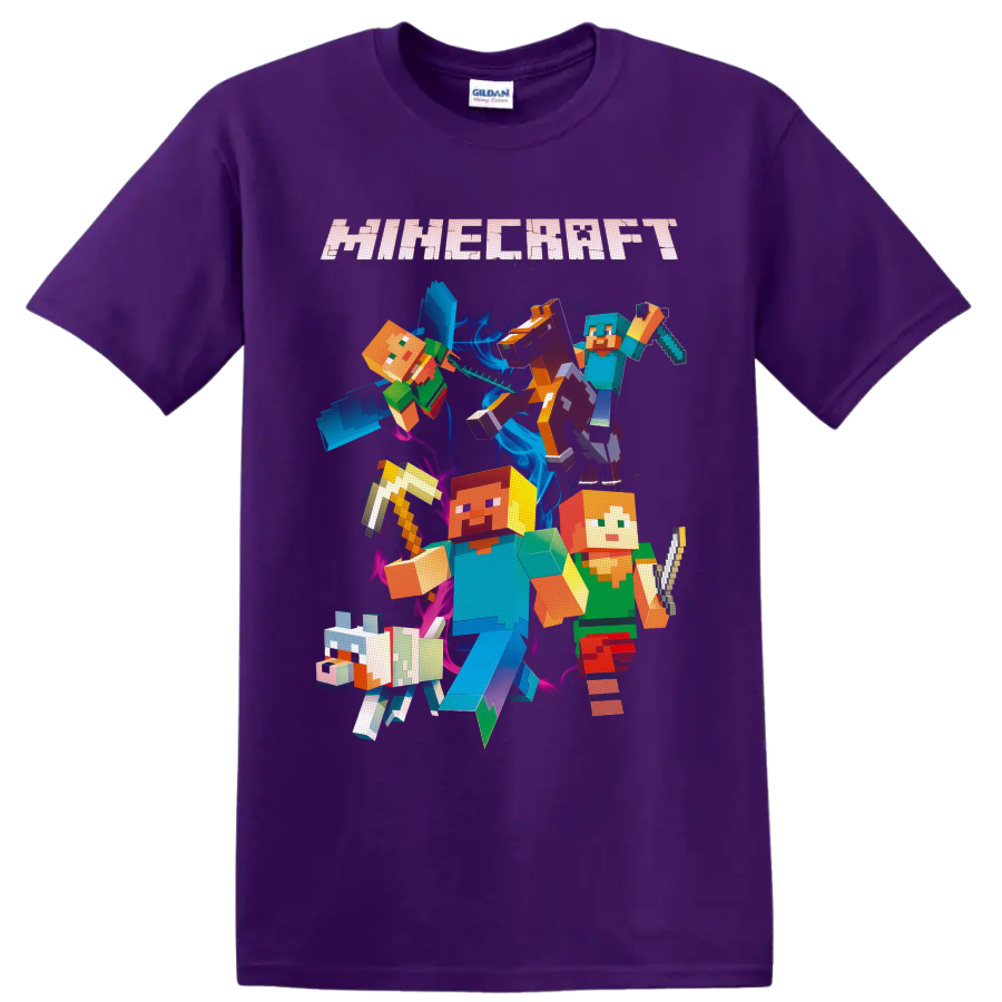 Minecraft Steve and Alex pixel art with wolf, horse, sword, pickaxe, and logo on a Purple T Shirt
