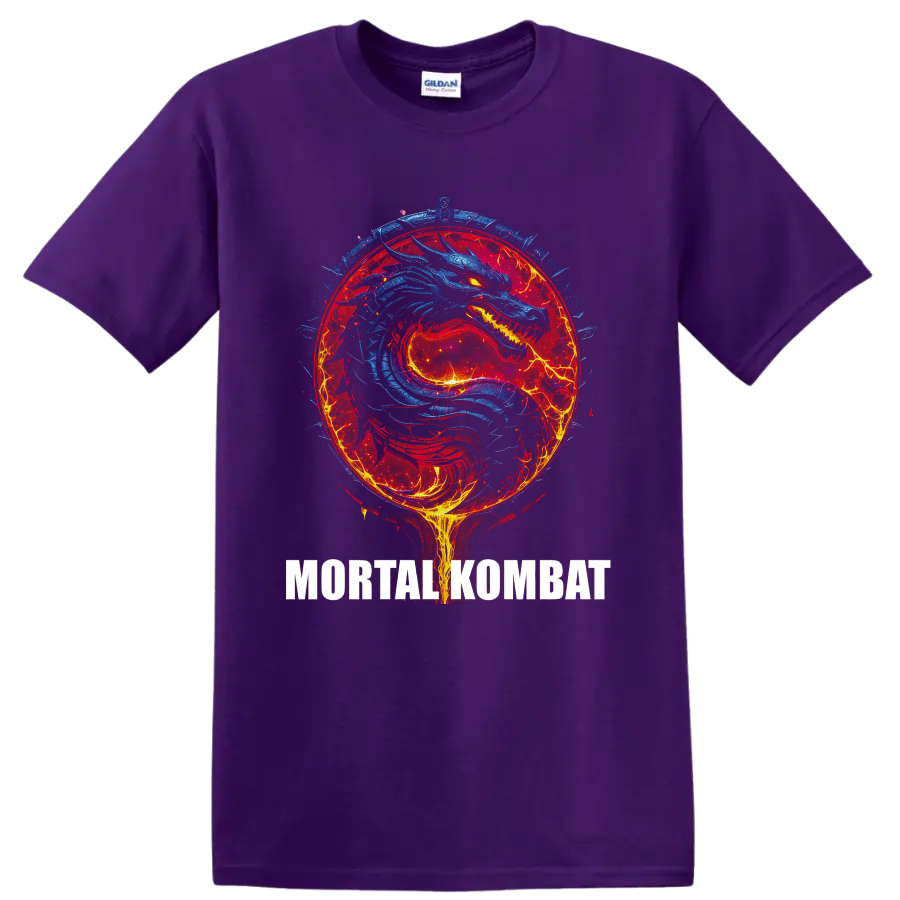 Blue dragon in a fiery red Mortal Kombat emblem with electric fantasy battle art on a Purple T Shirt