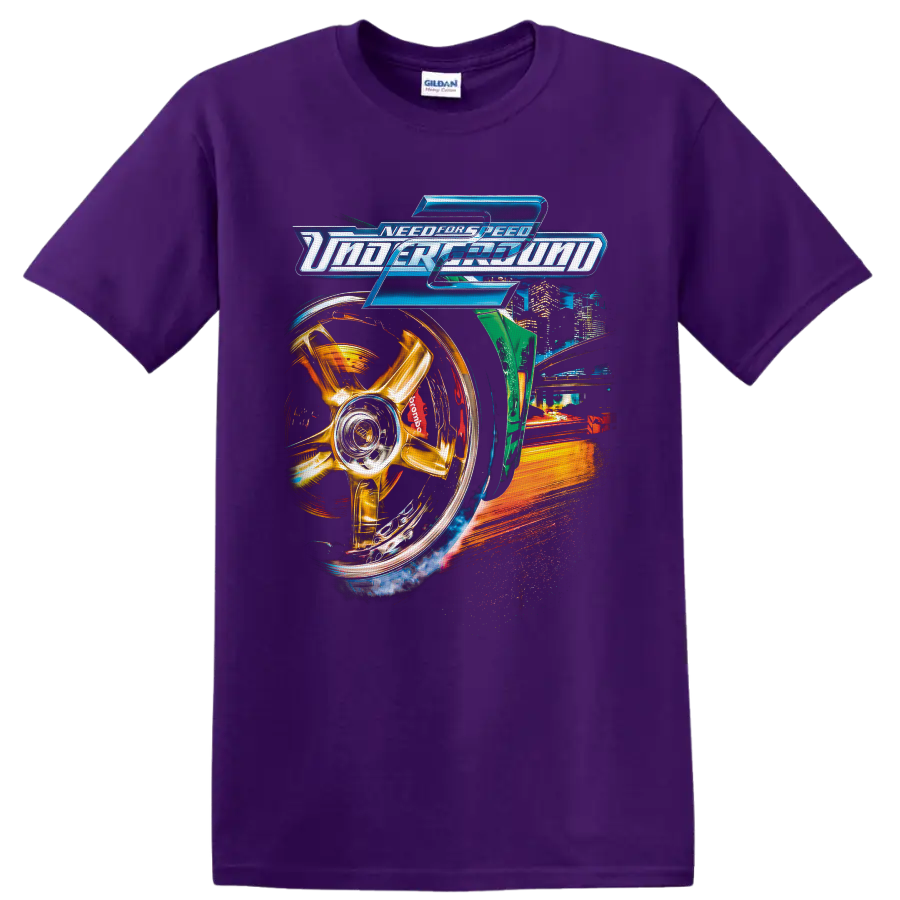 Need for Speed Underground 2 logo with gold wheel, neon city, and street racing artwork on a Purple T Shirt