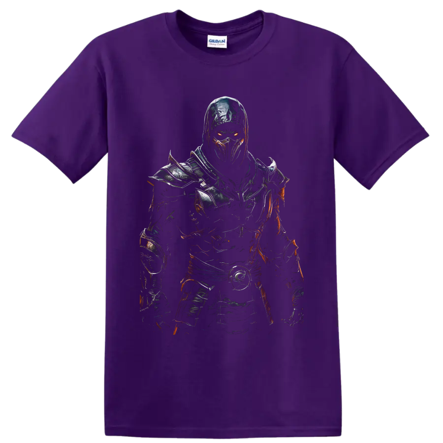Noob Saibot Mortal Kombat shadow ninja in dark armor with glowing orange eyes on a Purple T Shirt