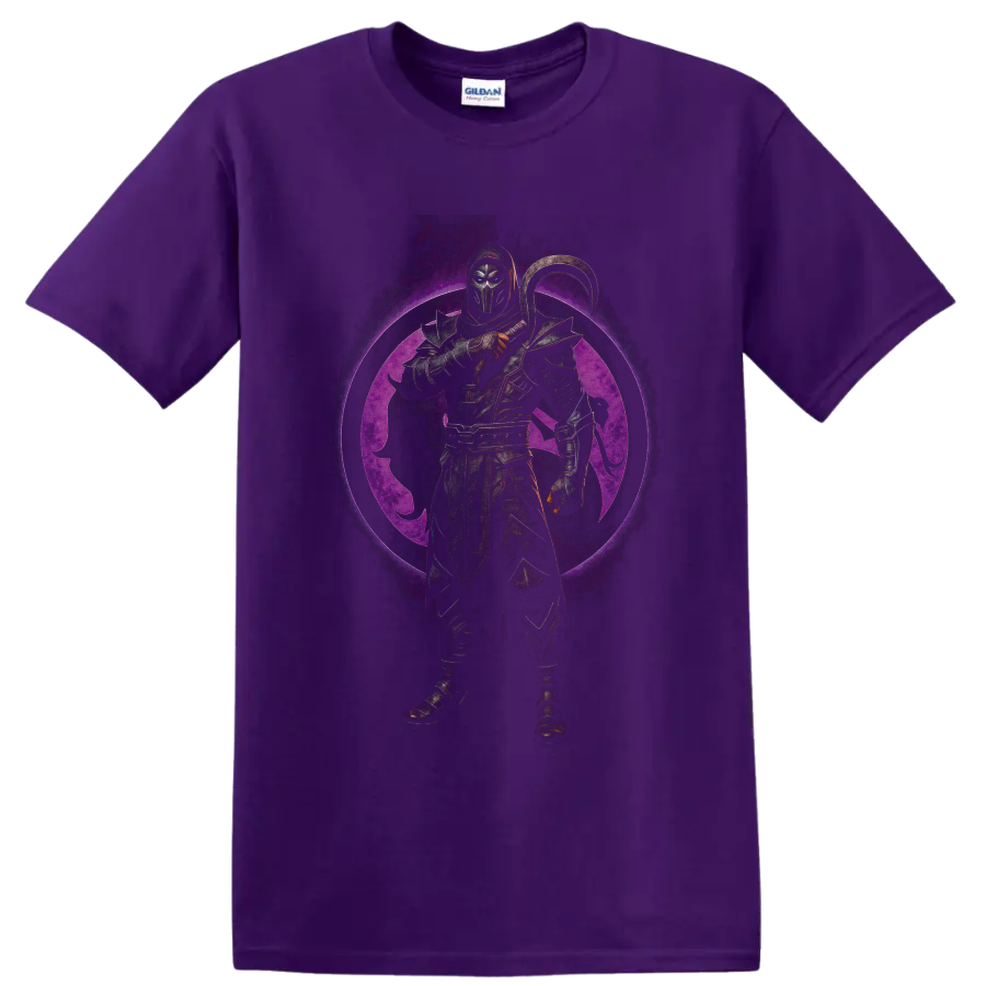 Noob Saibot armored shadow ninja with curved weapon and purple dragon emblem on a Purple T Shirt