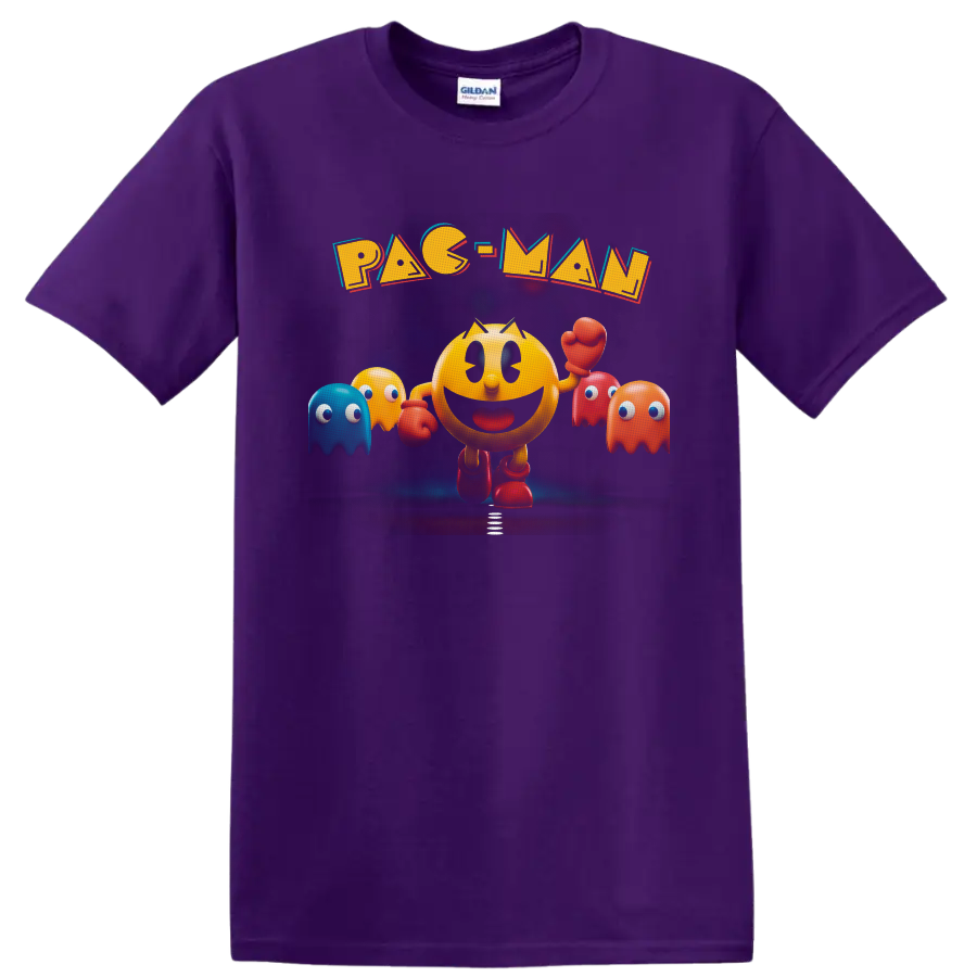 Pac-Man arcade fighter with colorful Ghosts and bold retro lettering on a Purple T Shirt