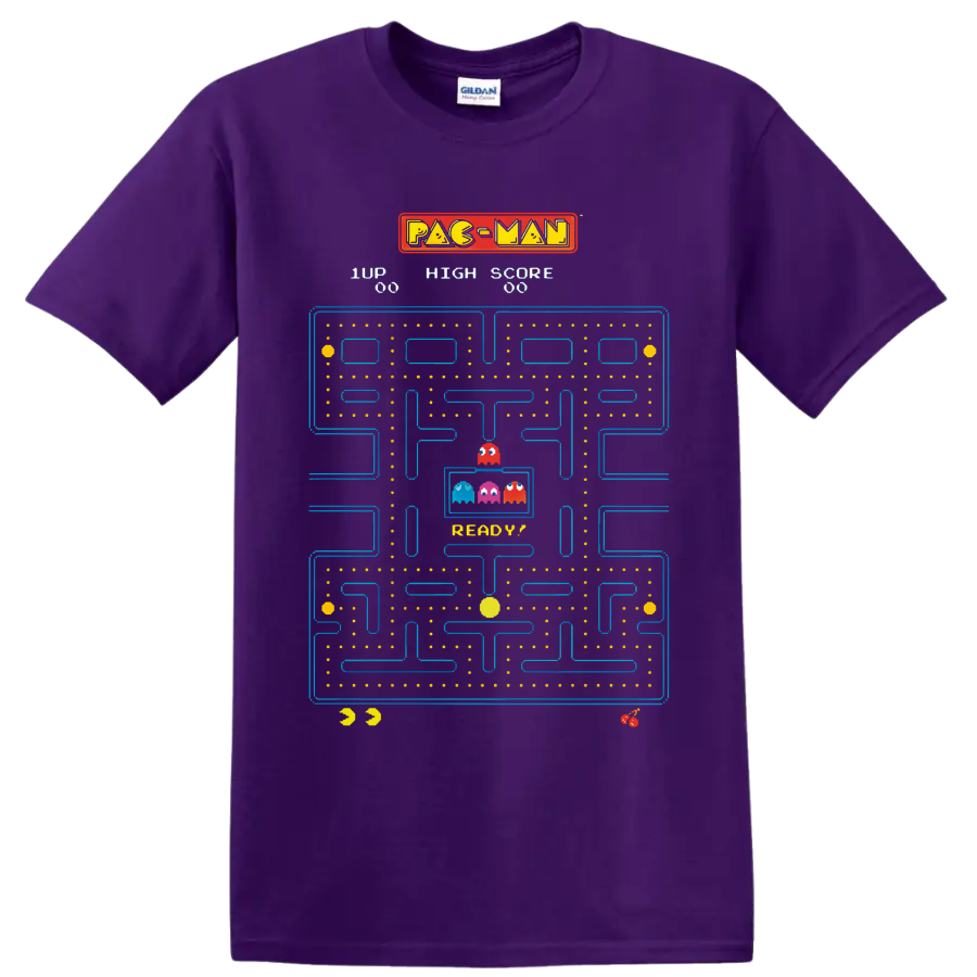 Pac-Man arcade maze with colorful Ghosts, dots, fruit icons, and score graphics on a Purple T Shirt