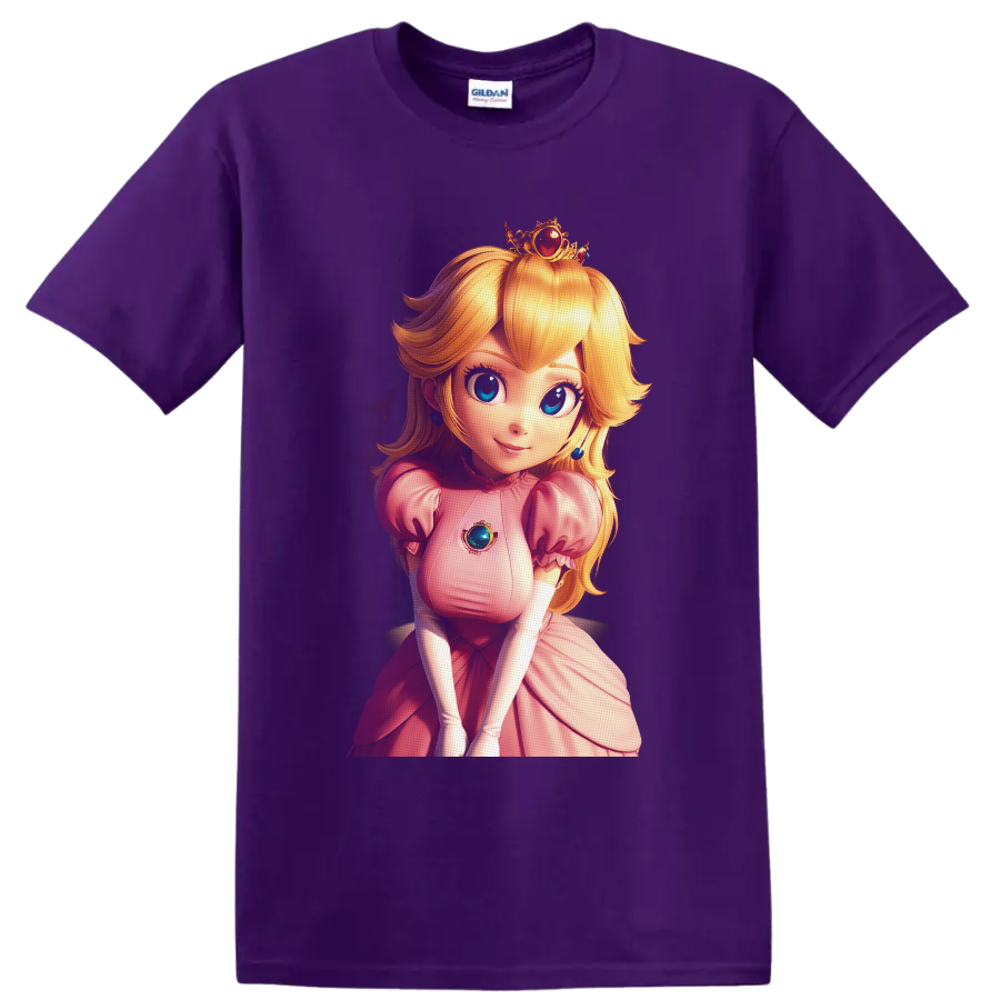 Princess Peach anime-style royal portrait with pink gown, jeweled crown, and blue gems on a Purple T Shirt