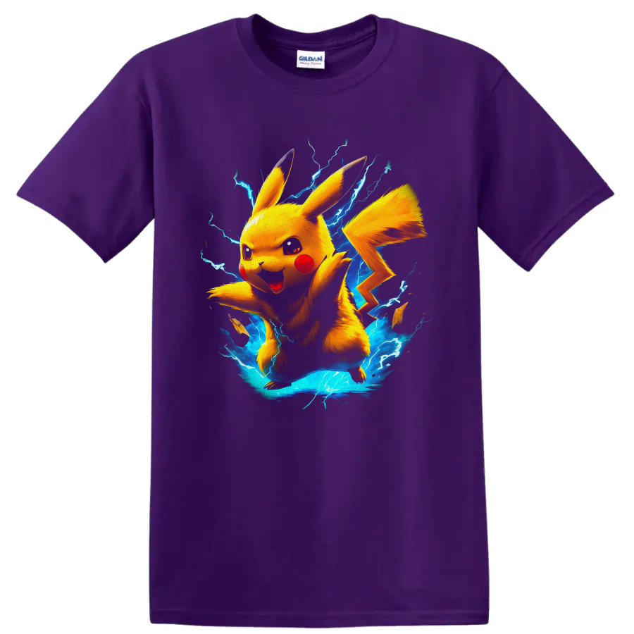 Pikachu with blue lightning in a vivid anime-inspired electric action graphic on a Purple T Shirt