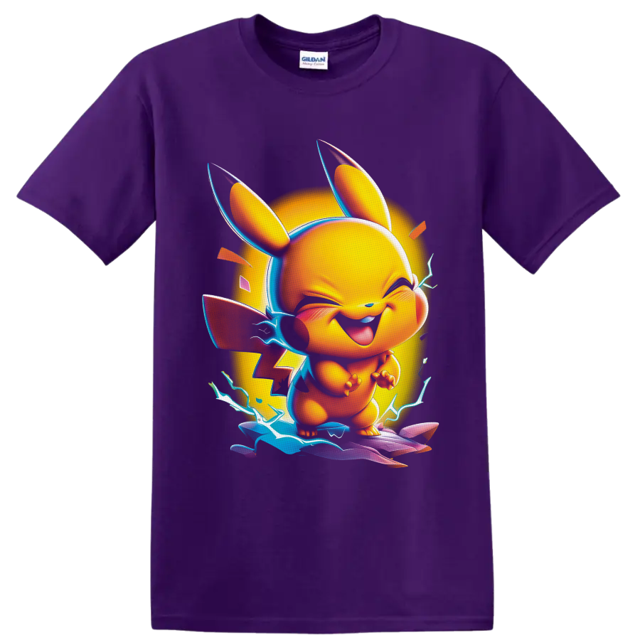 Pikachu neon cartoon with electric lightning, glowing circle, and colorful energy waves on a Purple T Shirt