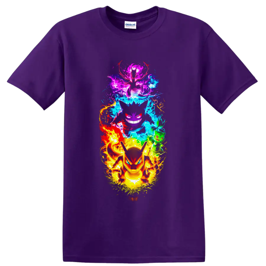 Charizard, Gengar, Mewtwo and Bulbasaur in vivid neon elemental energy art on a Purple T Shirt