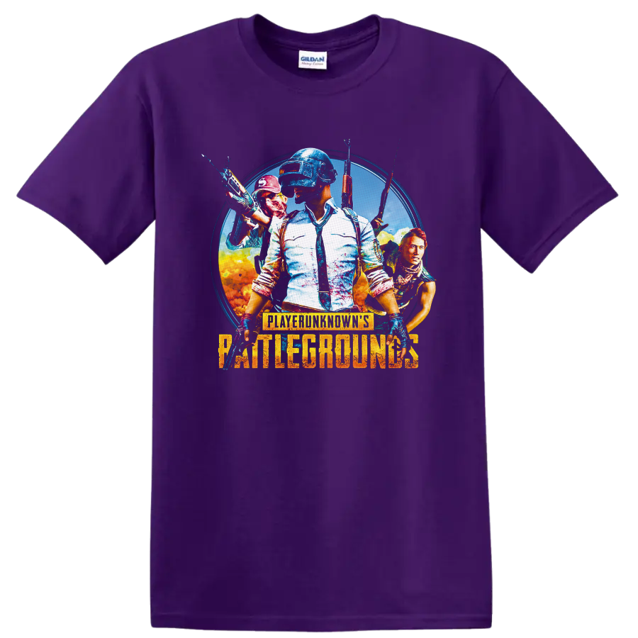 PUBG Battlegrounds helmeted soldier and armed squad action poster graphic on a Purple T Shirt