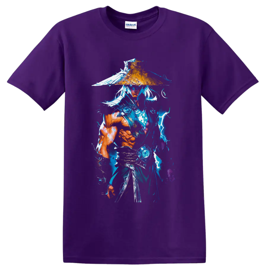 Raiden in straw hat with blue lightning, rain splashes, and anime-inspired warrior art on a Purple T Shirt