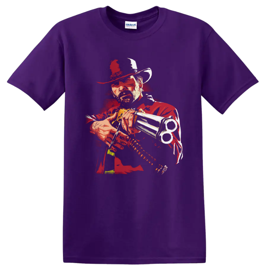 Arthur Morgan revolver portrait in distressed red western illustration style on a Purple T Shirt