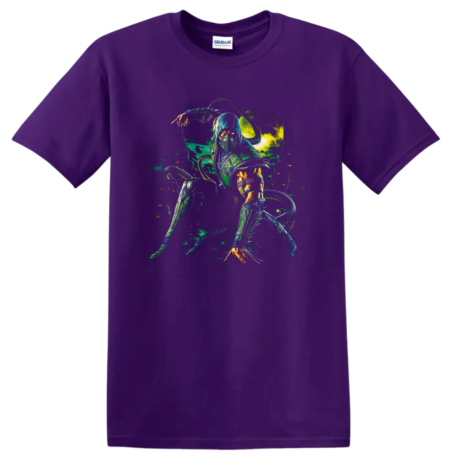 Reptile Mortal Kombat cyber ninja with glowing eyes, claws, and coiled tail on a Purple T Shirt