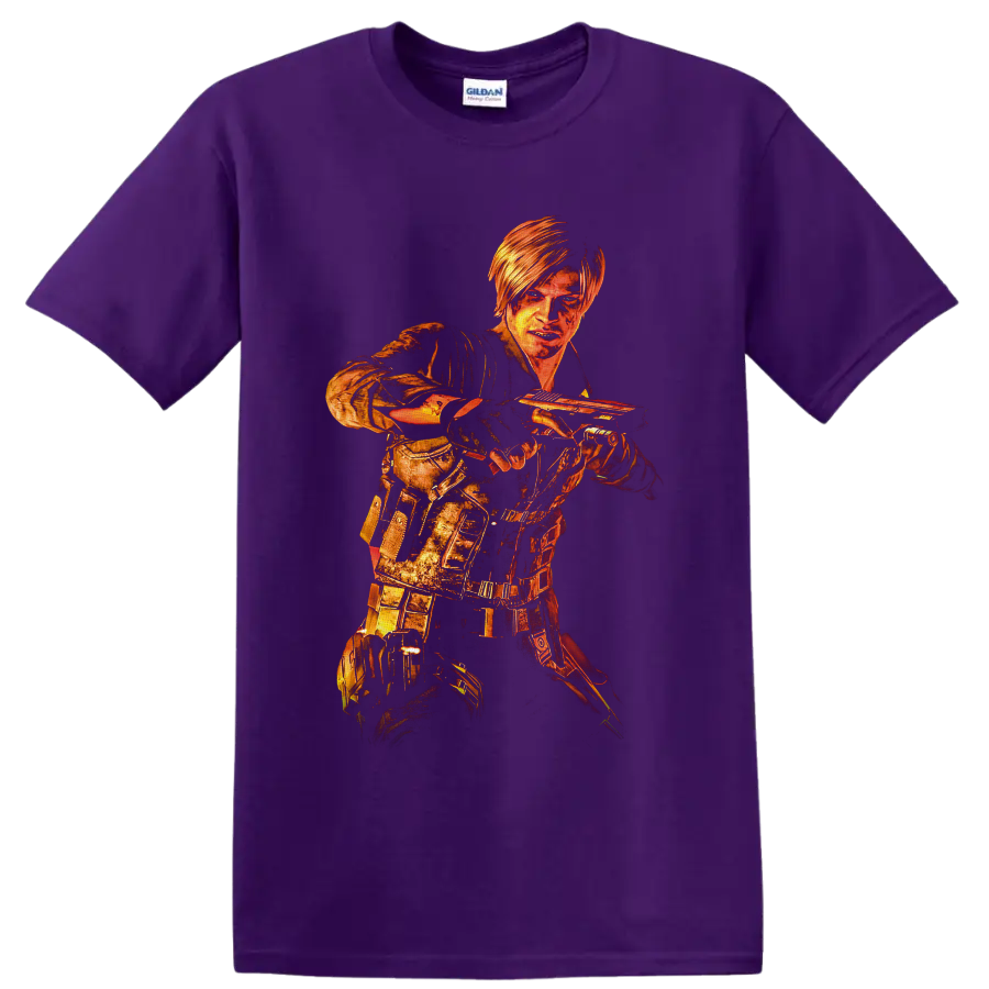 Leon Kennedy Resident Evil 6 fiery distressed tactical handgun action artwork on a Purple T Shirt