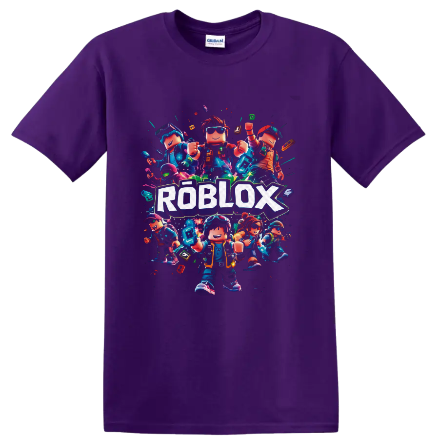 Roblox Characters neon block-avatar squad graphic with bold ROBLOX lettering on a Purple T Shirt