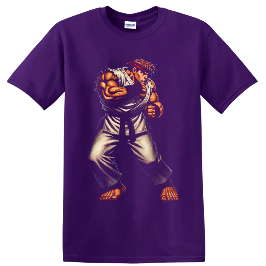 Ryu Street Fighter martial arts warrior in retro arcade illustration on a Purple T Shirt