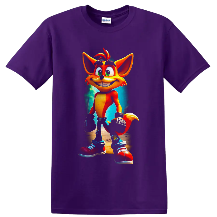 Crash Bandicoot cartoon character with a teal jungle-style background on a Purple T Shirt