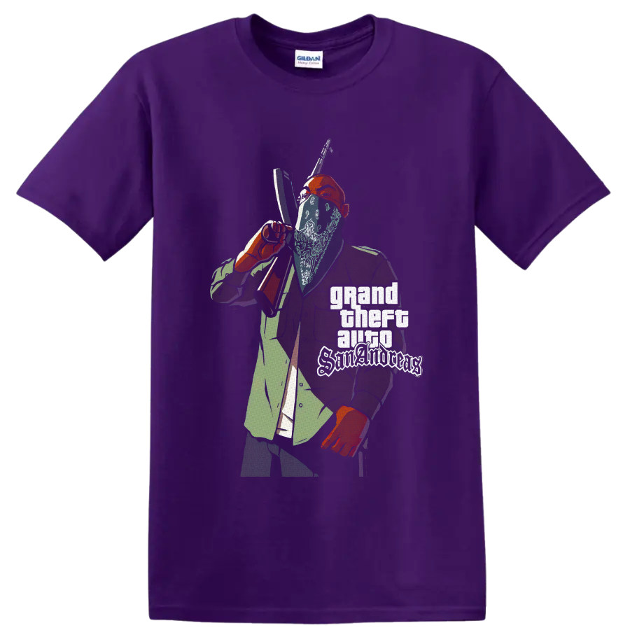 Grand Theft Auto San Andreas gangster illustration with rifle and stacked logo text on a Purple T Shirt