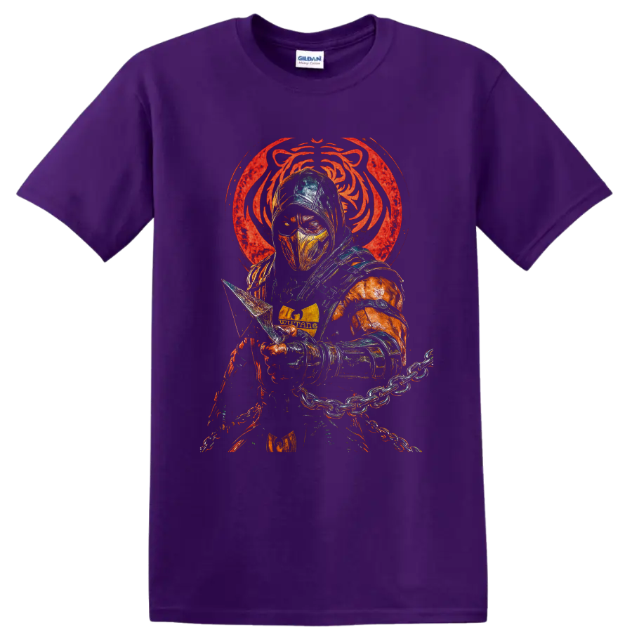 Scorpion masked ninja with spear chain and distressed red dragon emblem on a Purple T Shirt