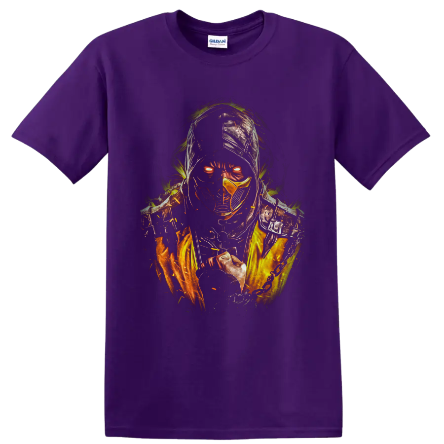 Scorpion Mortal Kombat fiery hooded ninja graphic with glowing eyes and chain weapon on a Purple T Shirt