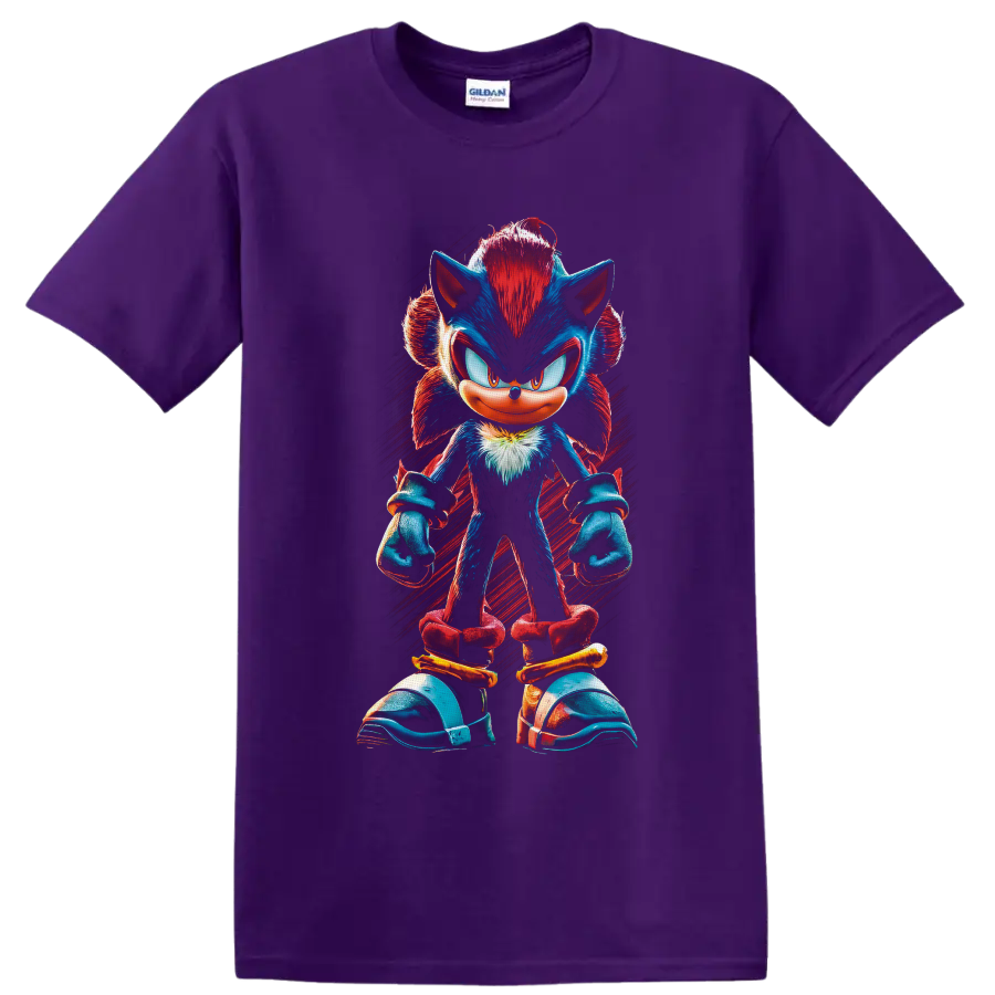 Shadow the Hedgehog full-body red and blue character art with red brushstroke background on a Purple T Shirt
