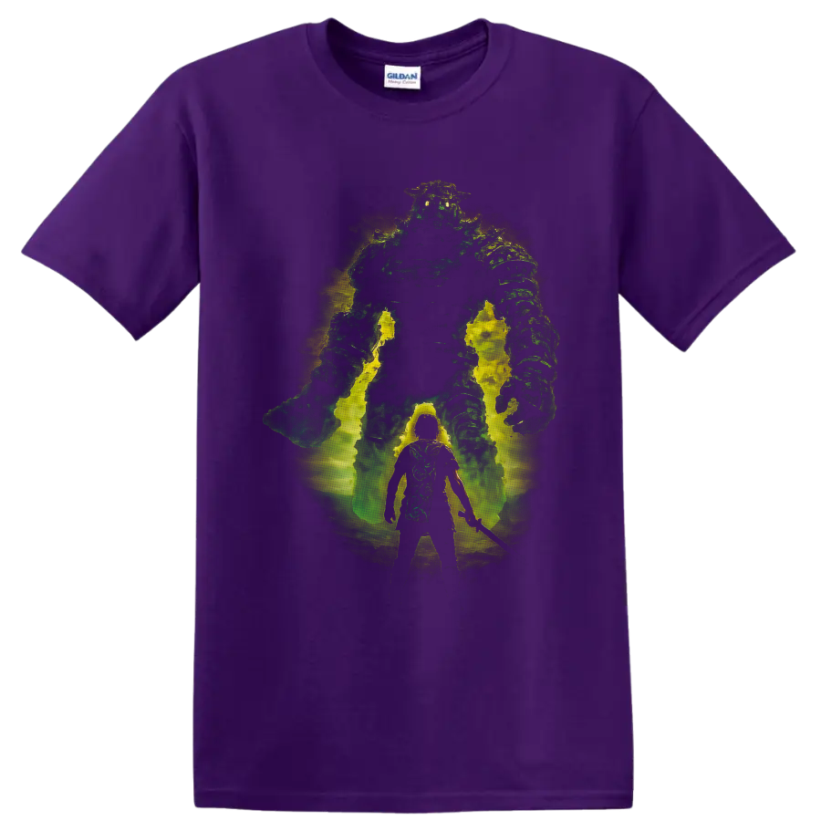 Shadow of the Colossus warrior facing a glowing green Colossus in distressed fantasy art on a Purple T Shirt