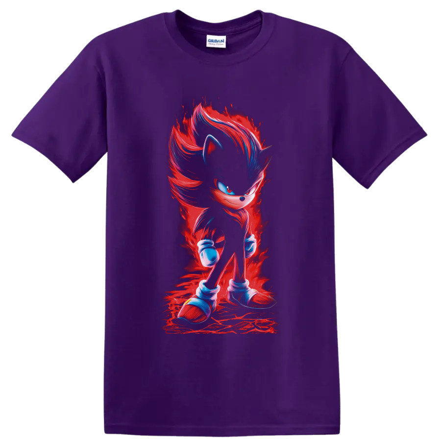 Shadow the Hedgehog with red energy aura and blue painterly highlights on a Purple T Shirt