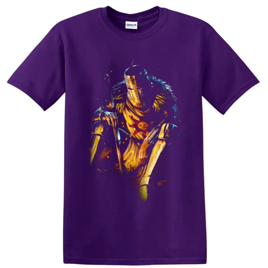 Solaire of Astora in gold armor with sword and sun emblem, painterly fantasy art on a Purple T Shirt
