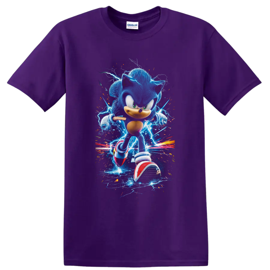 Sonic the Hedgehog running through electric blue lightning and colorful speed trails on a Purple T Shirt