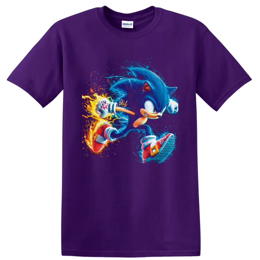 Sonic the Hedgehog sprinting through electric blue trails and fiery digital art on a Purple T Shirt