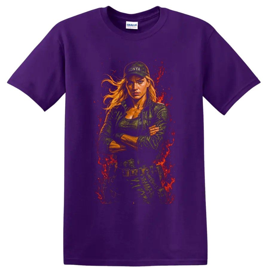 Sonya Blade tactical fighter portrait with flames from Mortal Kombat on a Purple T Shirt