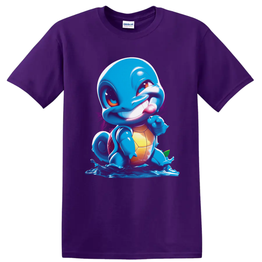 Squirtle in glossy cartoon water splash art with purple paint accents on a Purple T Shirt