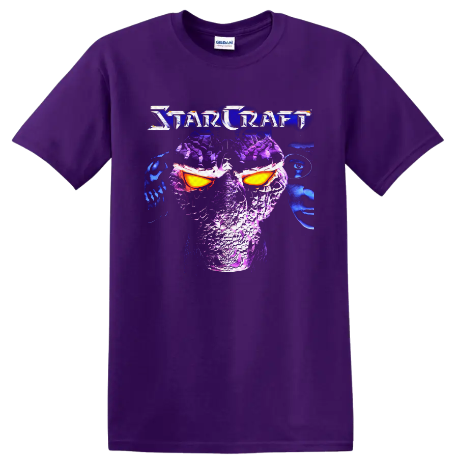 StarCraft Protoss warrior in neon purple armor with glowing orange eyes on a Purple T Shirt